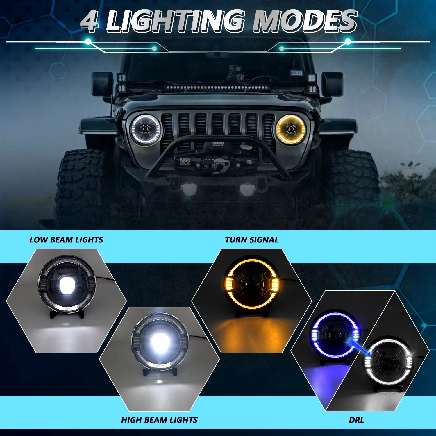 7 Inch High Power Jeep Headlight 250W 30000LM LED Round Headlight Blue DRL for Wrangler Harley Hummer SUV H4 Headlamp 6000K 32V