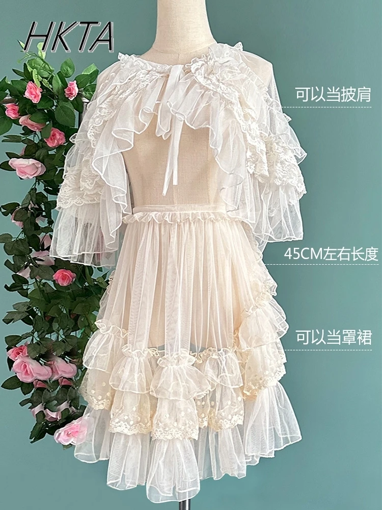 

Japanese Lolita Sunscreen Cape Shawl Blouse Top Women Spring Summer Lace Pleated Cascade Blusas Girls Sweet Print Chiffon Shirt