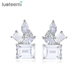 LUOTEEMI Unique Design Clear Cubic Zirconia Stud Earring Romantic Wedding Bridal Engagement Korean Fashion Jewelry for Christmas