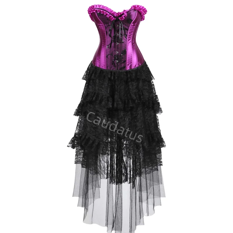 

Корсетное платье-костюм с длинной юбкой, комплект с кружевным бюстье, костюм для вечеринки, бурлеск, женский наряд больших размеров, готический стиль, Хэллоуин, фиолетовый цвет.