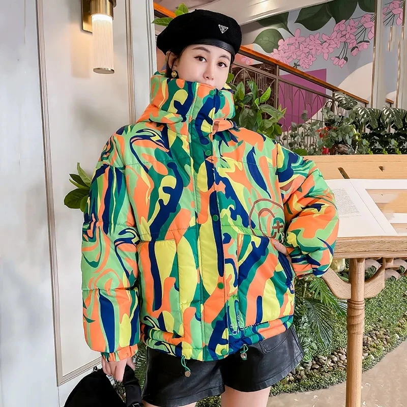 Warm Winter Cotton Jacket Women 2024 Graffiti Print Fashion Hooded Short Parka Coat Girls Thick Streetwear Hip-hop Padded Jacket