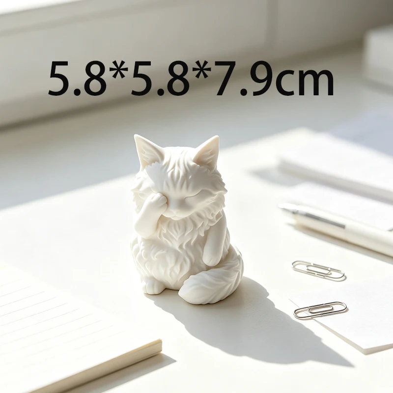 3D Printed Shy White Fluffy Cat Statue Minimalist Matte White Kitty Figurine Hand Over Face Cute Animal Sculpture Desk Decor