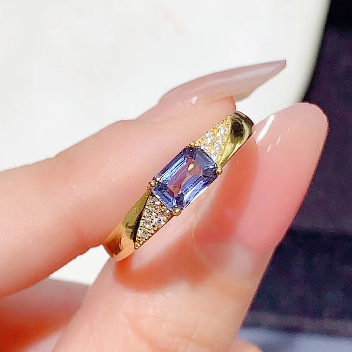 

4x6mm Natural Tanzanite Ring 925 Sterling Silver Emerald Cut Blue Gemstone Micro Pave CZ Gold Plated with Certificate for Women