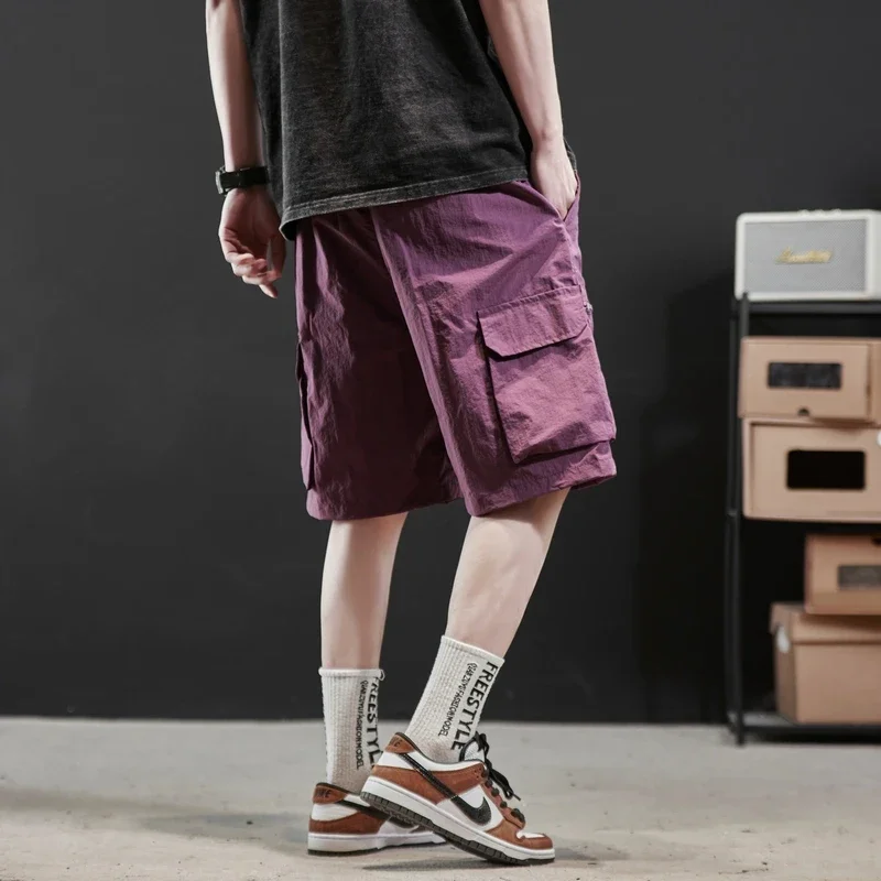 Summer Ice Silk Men Cargo Shorts 2024 Solid Fashion Short Pants Knee Length Drawstring Men Casual Shorts Work Bermudas Masculina