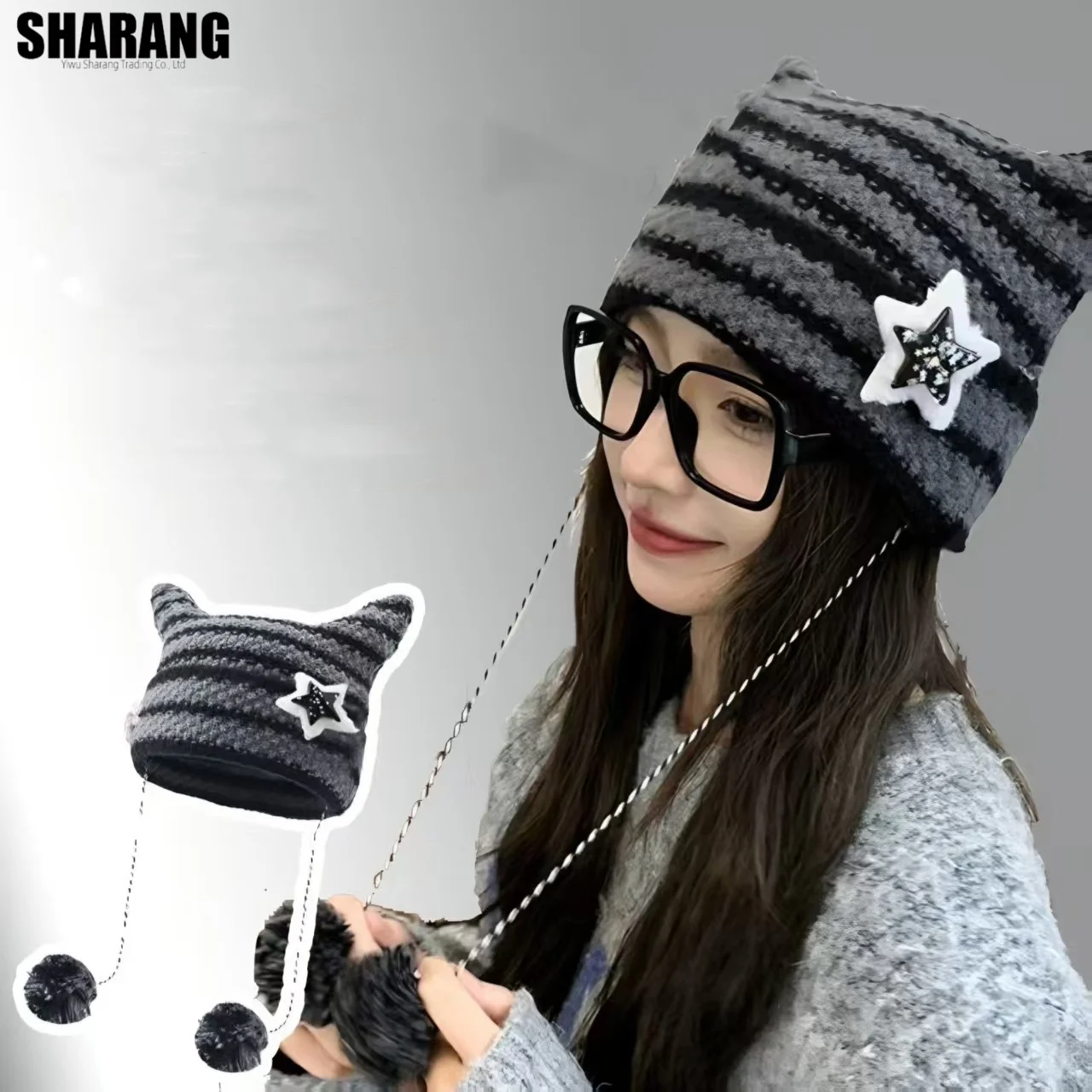 مخطط محبوك قبعة صوف الكروشيه قبعة صغيرة قبعة آذان القط وأشار البلوز قبعة Ins لطيف ستار ديكور معلقة الكرة قبعة مترهل