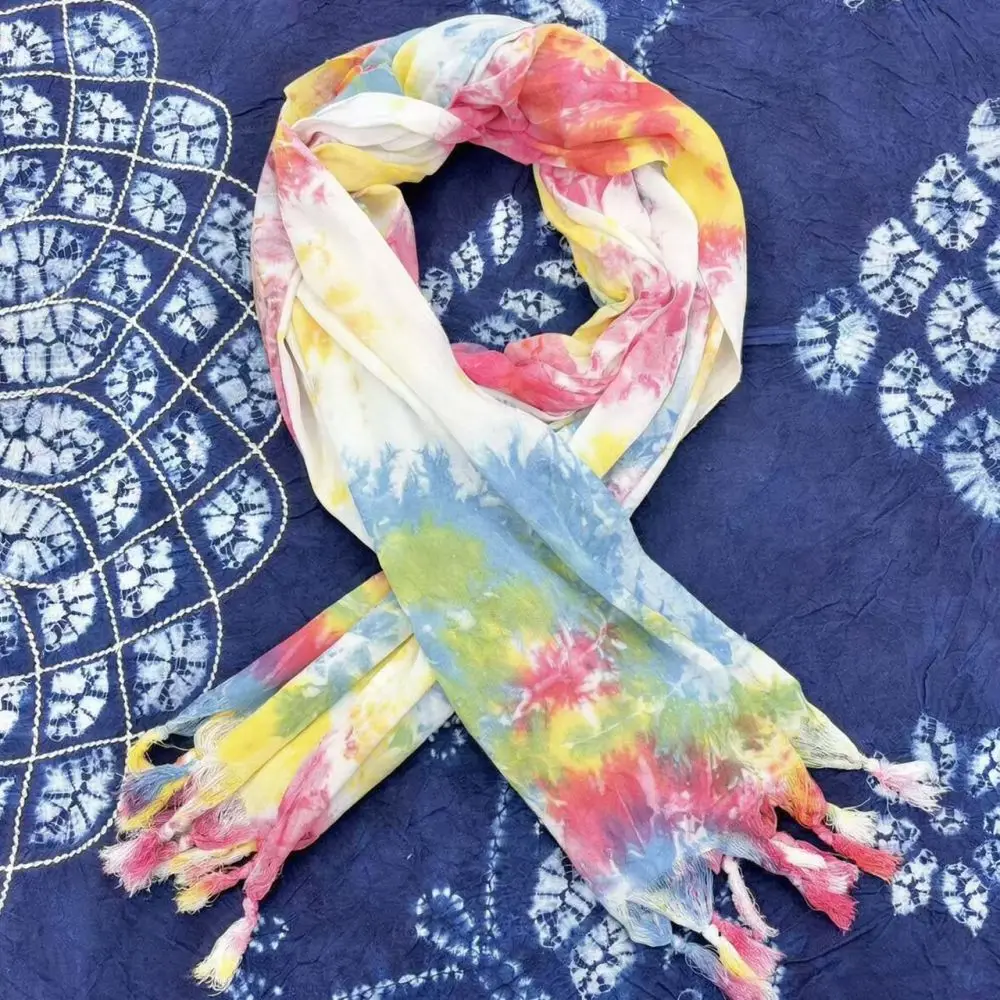 Handmade Tie Dye Scarf Yunnan Blue Print Shawl Cotton Linen Soft Breathable Wrap Summer Sunscreen Cover Unisex Stole
