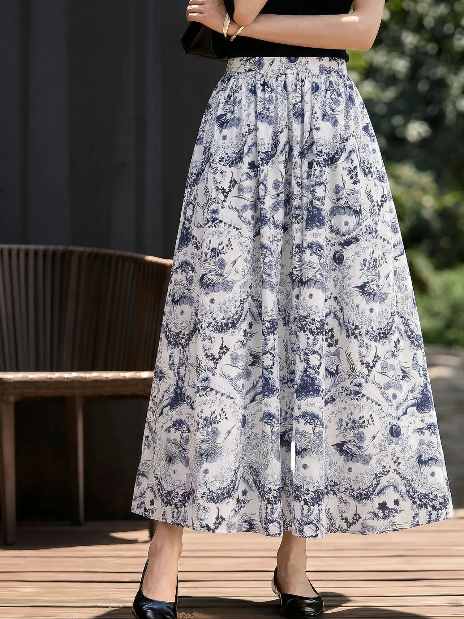 

Элегантная женская юбка-полусолнце из чистого хлопка с цветочным принтом, с завышенной талией, приталенная, А-силуэт, летняя, для повседневной носки, простой стиль, хлопковый бленд