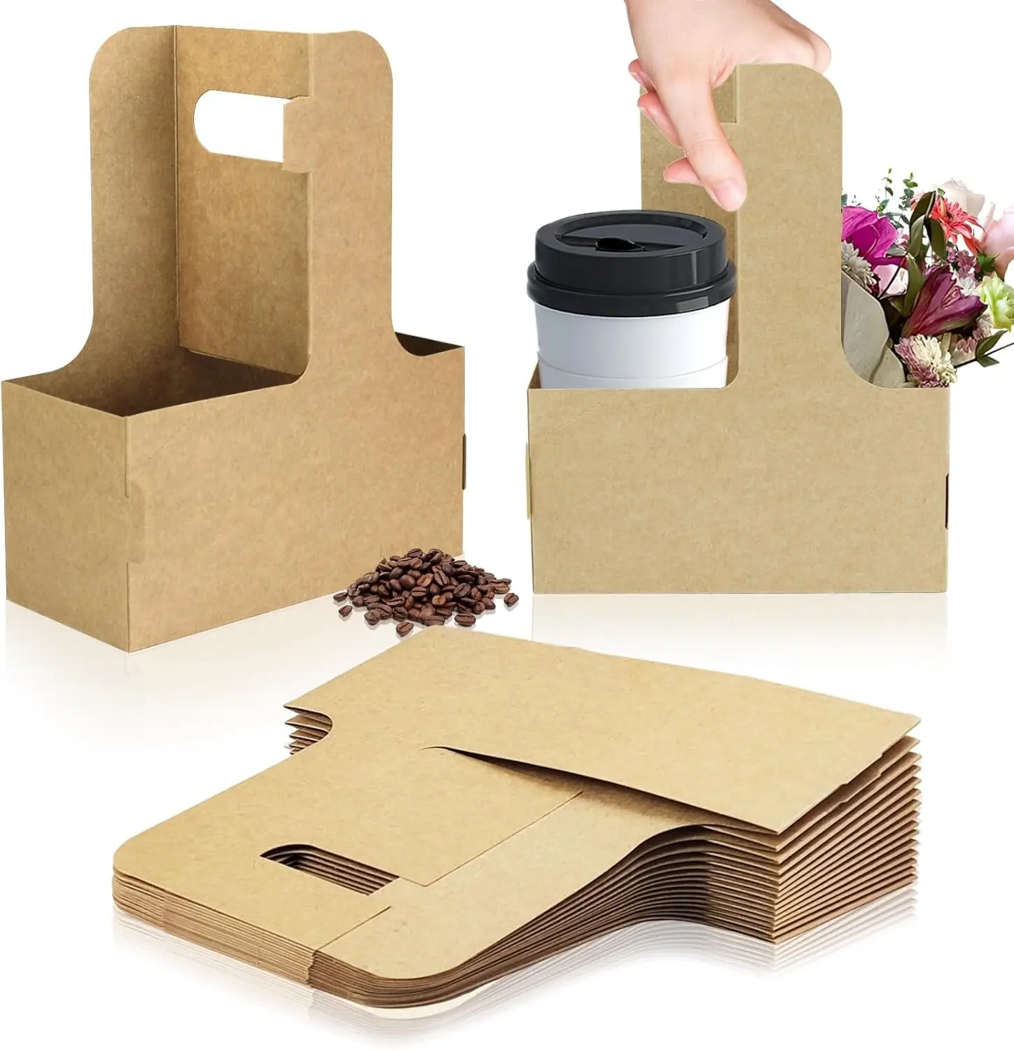 

2 Cup Disposable Drink Carrier for Delivery with Handle, 15 Count Kraft Paperboard Cup Holder for Hot or Cold Drinks, Coffee