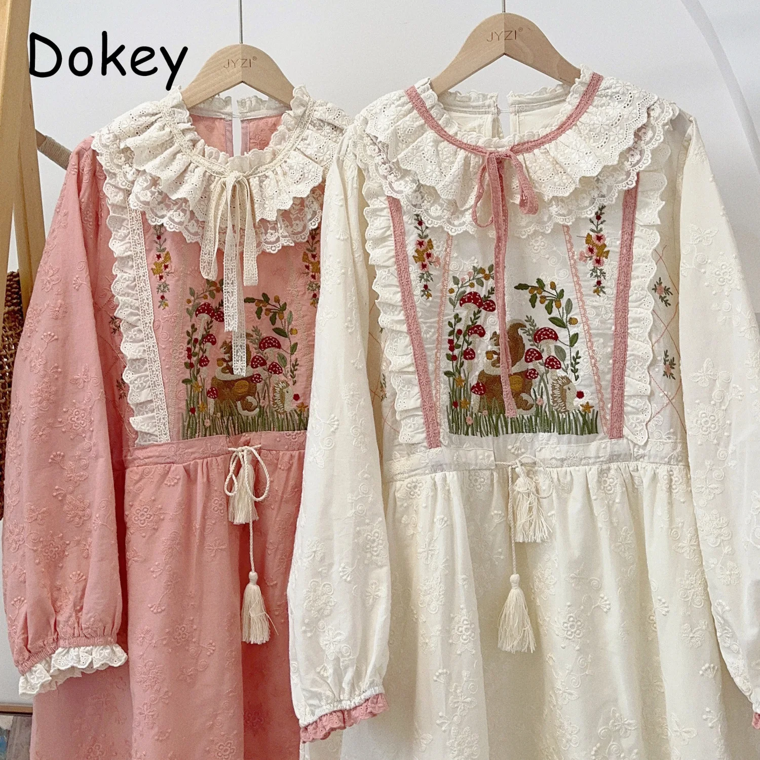 Mori Girl Lace Doll collar Patchwork Dress Women Autumn Vintage Floral Embroidery Long Sleeve Drawstring Cotton Linen Dress Robe