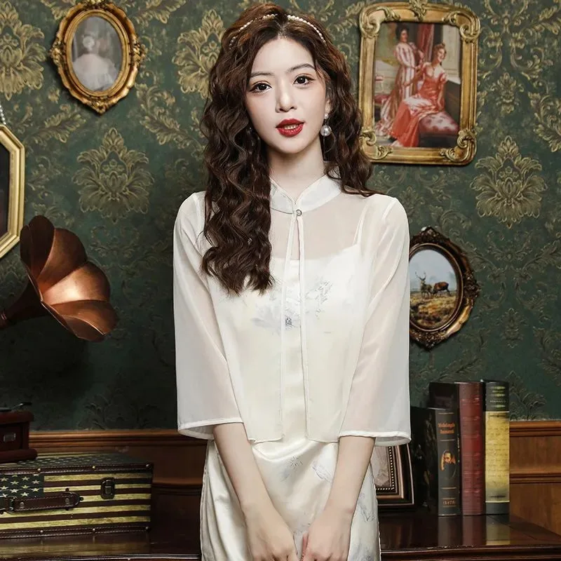 

Women Chinese Style Stand Collar Sheer Floral Sun Cardigan Thin 3/4 Sleeve Shrug Outerwear