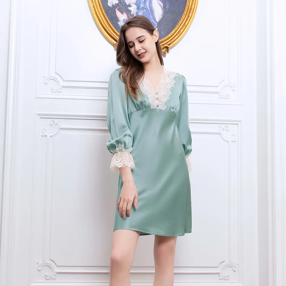 

French Lace 100% Mulberry Silk Spaghetti Strap Nightdress Long Sleeve Mini Nightgown V Neck Lingerie Chemise Sleepwear Homewear