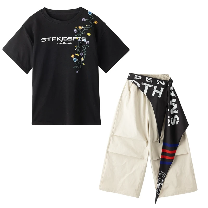 Teenager Hip Hop Kleidung Street Dance Outfit Schwarz T-shirt Khaki Hosen Baggy Jogger Tragen Mädchen Jungen Jazz Performance Set BL16578