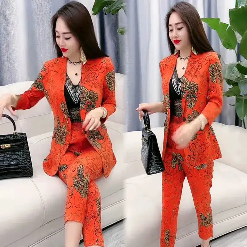 Spring 2024 New Style Fashion Temperament Versatile Slim Print Suit Top Cropped Pants Two Piece Women\'s Holiday Wear Casual Wear