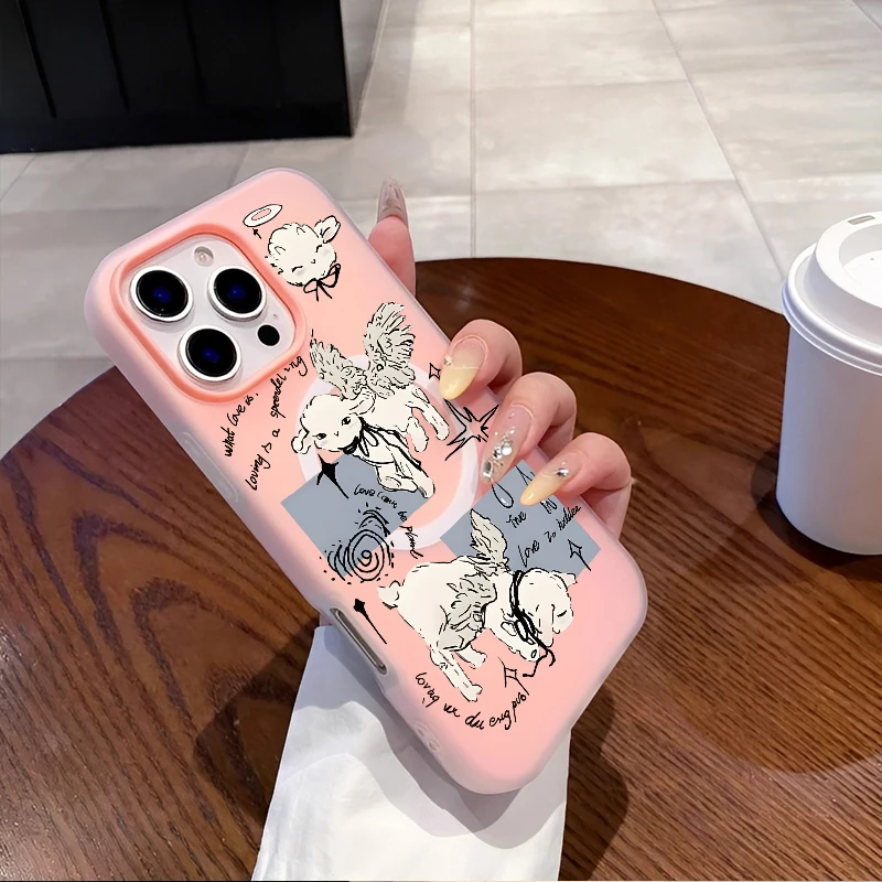 เคสโทรศัพท์ลายการ์ตูนแกะน้อยน่ารักเรียบง่ายทันสมัยพร้อมปีกแม่เหล็ก สำหรับ iPhone 16 15 14 13 12 11 PROMAX