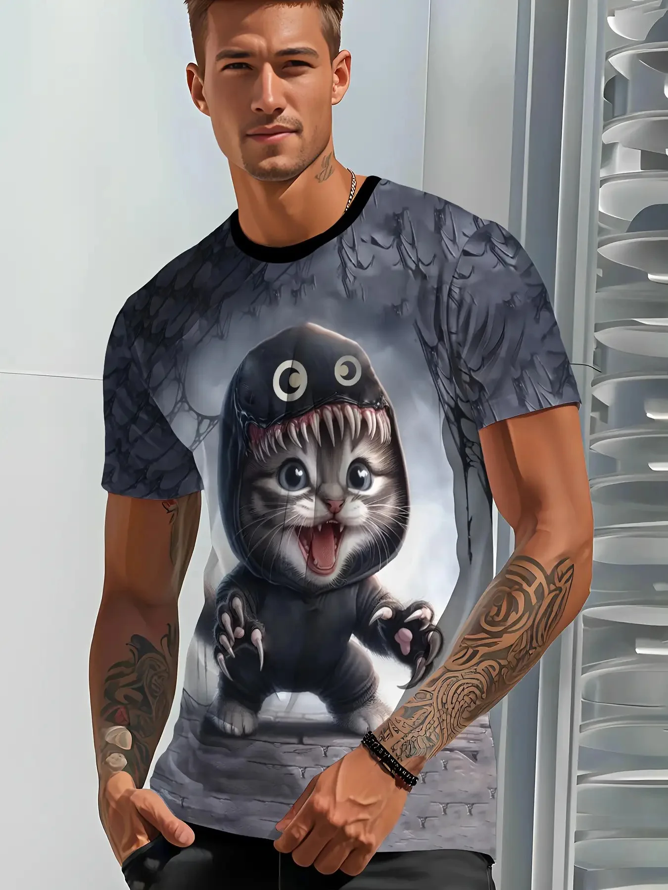 Men's Cute Tabby Cat In Monster Costume Web Background Print Crew Neck Short Sleeve Dark Cartoon Casual Tee Tops