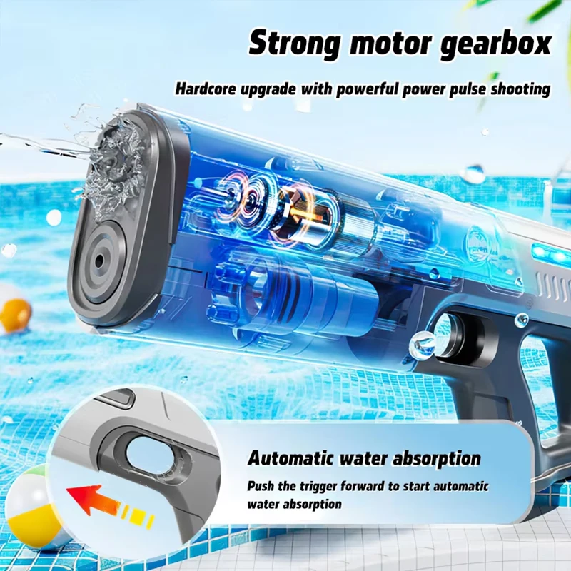 Electric Water Gun with Automatic Water Absorption Battery-Powered Squirt Toy LED Light Summer Outdoor Beach Play Gift ﻿