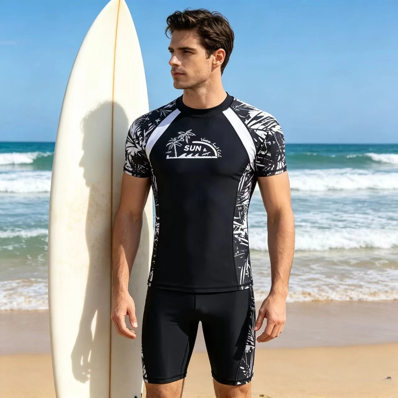 Men's Adult Swimwear Two-Piece Set, Short-Sleeve Sun Protection Swimsuit for Surfing and Snorkeling, Warm Thermal Men's Swimwear