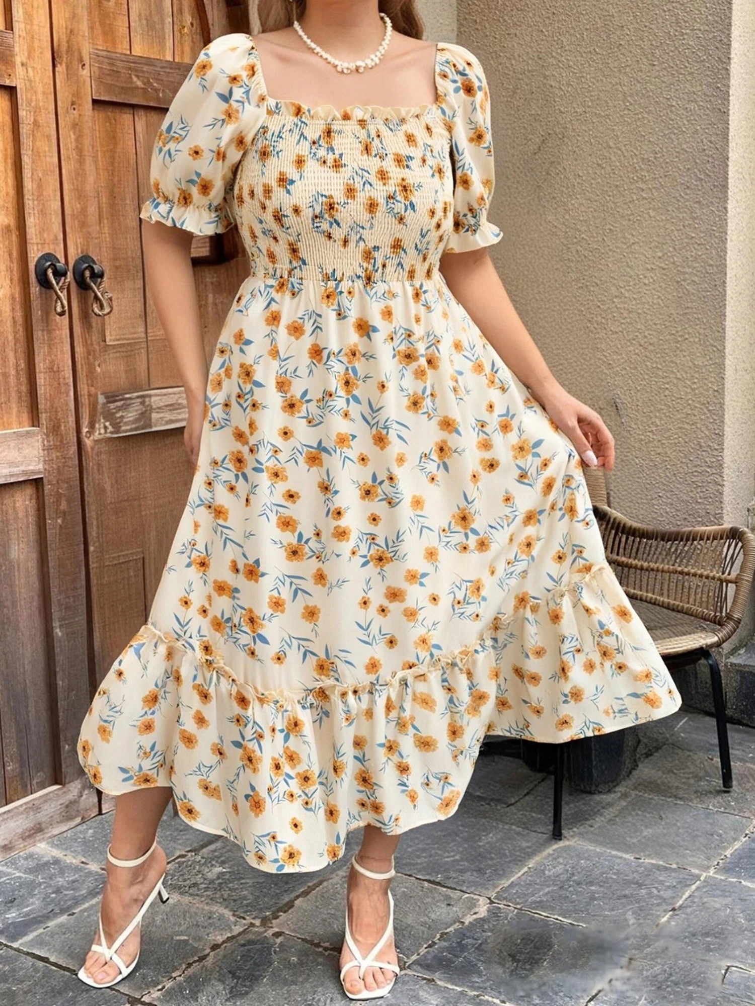 

Elegant Plus Size Maxi Dress with V-Neck and Ruffle Sleeves Perfect for Summer Parties and Special Occasions
