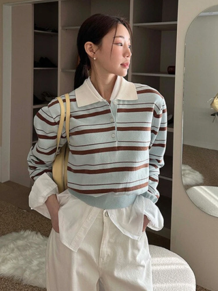 

Preppy Style Contrast Color Striped Polo Shirt Pullover Women's 2025 Y2k Oversized Sweaters Korean Fashion Basic Tops Streetwear