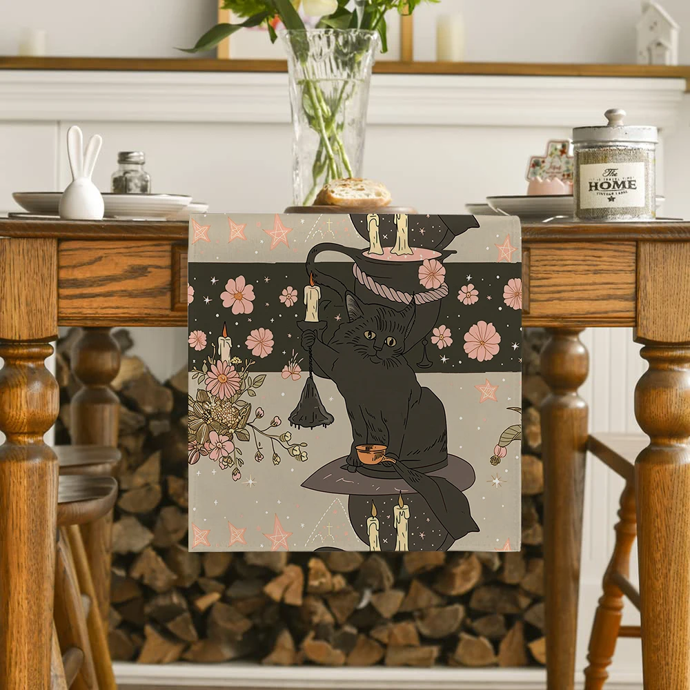 Halloween Cat Hat Rose Pot Table Runners Dresser Decor for Kitchen Holiday Party Table Runner Washable Dining Long Cloth