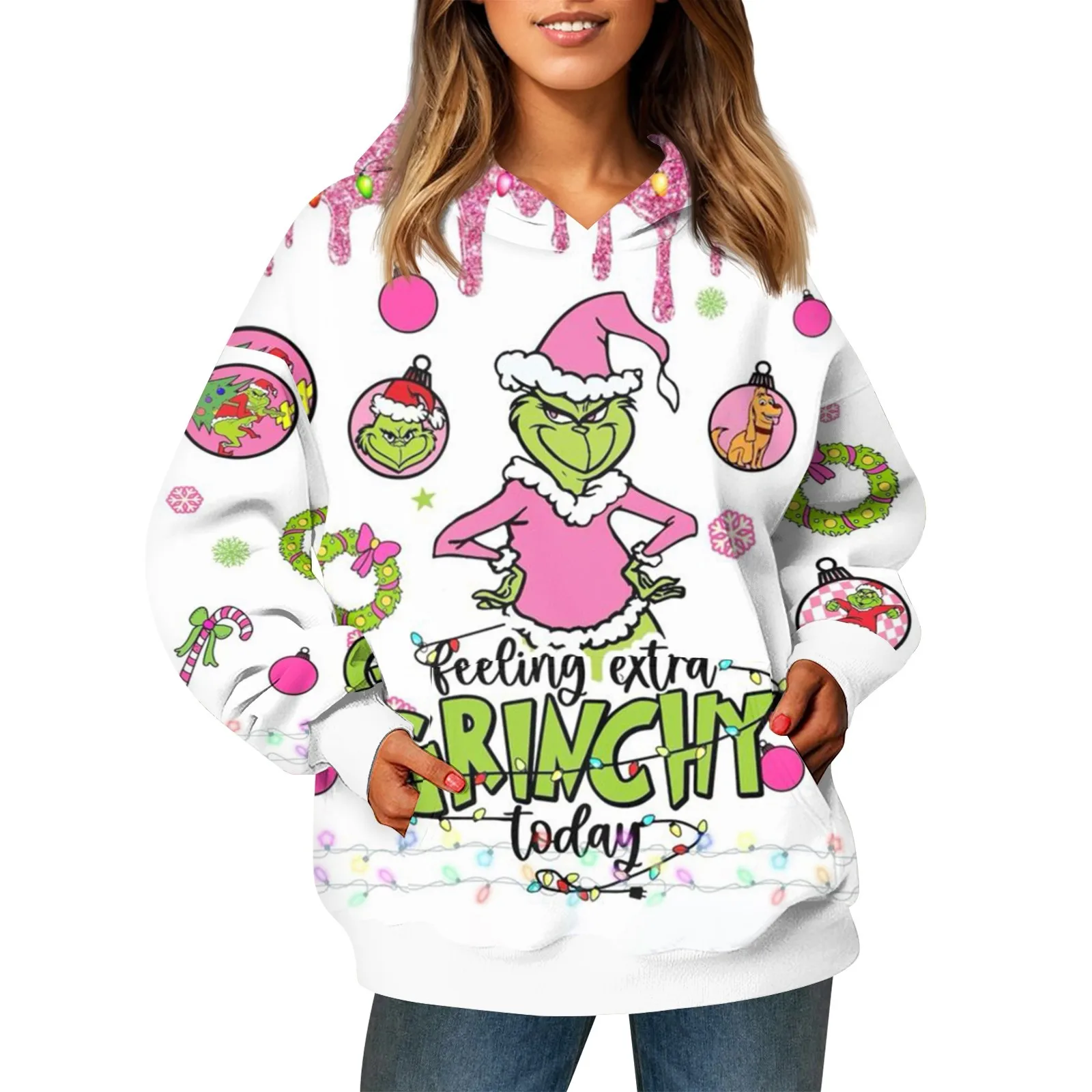 2024 Kawaii Christmas Print Hooded Pocket Sweatshirt Loose Comfortable Ladies\' Fashionable Long Sleeved Daily Casual Pullover