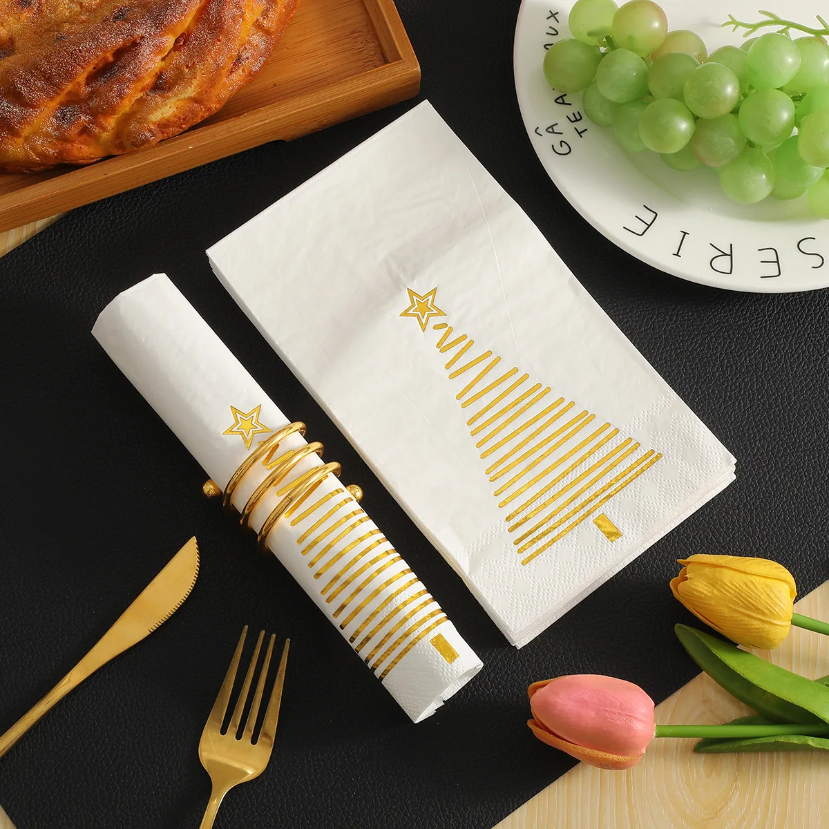 

20pcs 33*40cm 2Layer Gold-stamped Christmas Tree White Long Napkins Christmas Party Origami Paper Placemats DIY Decoupage Paper
