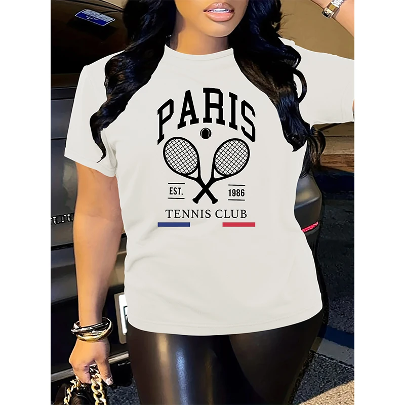 

Paris Tennis Club Print Women Short Sleeve T-Shirt Comfortable and Stylish Casual Tee with Slight Stretch