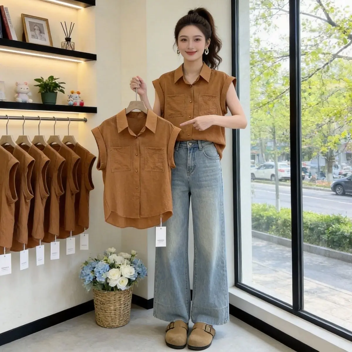

Women's Collar Sleeveless Shirt Loose Thin Pure Color Summer New Style Double Pocket Casual Fashion Outerwear Top