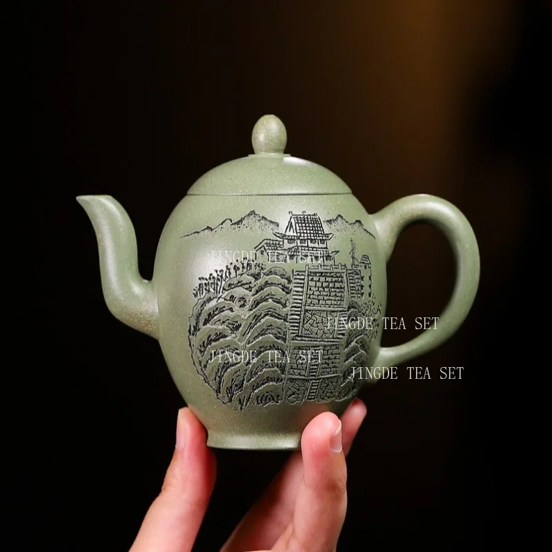 200ml Chinese Creative Pure Handmade Purple Clay Pot, Bean Green Mud Beauty Shoulder Pot, Tea Ceremony, Tea Making Tool