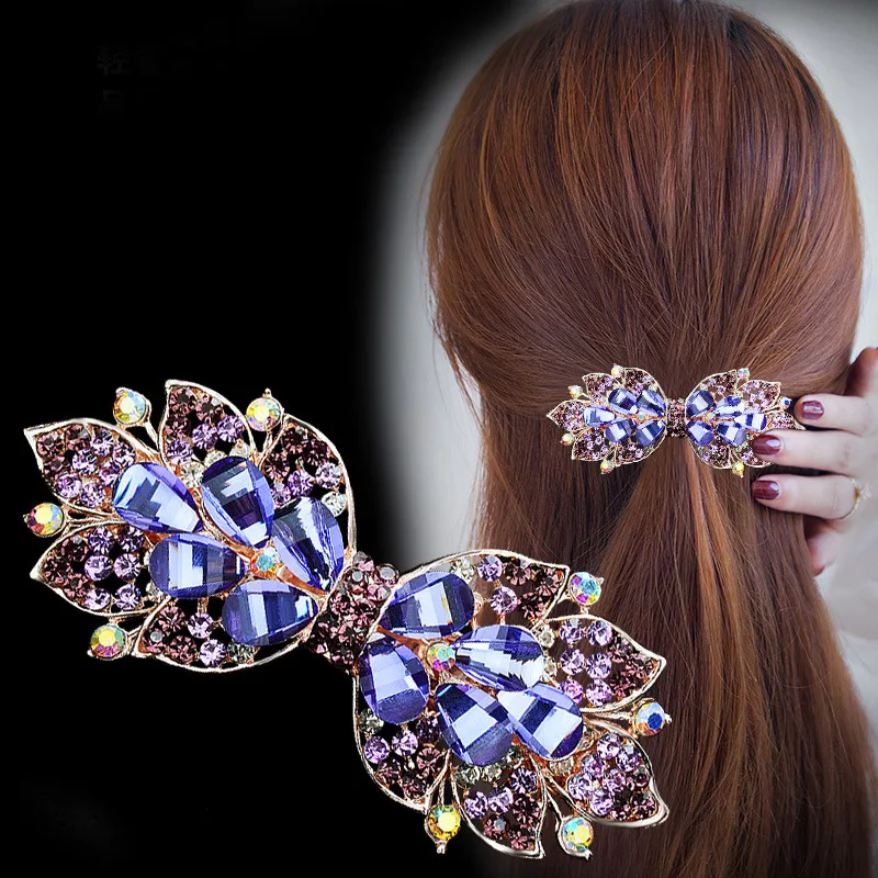 Korean Blue Crystal Flower Spring Hair Clip Vintage Metal Horizontal Clip Top Clip Temperament Mom Fashion Hair Accessories