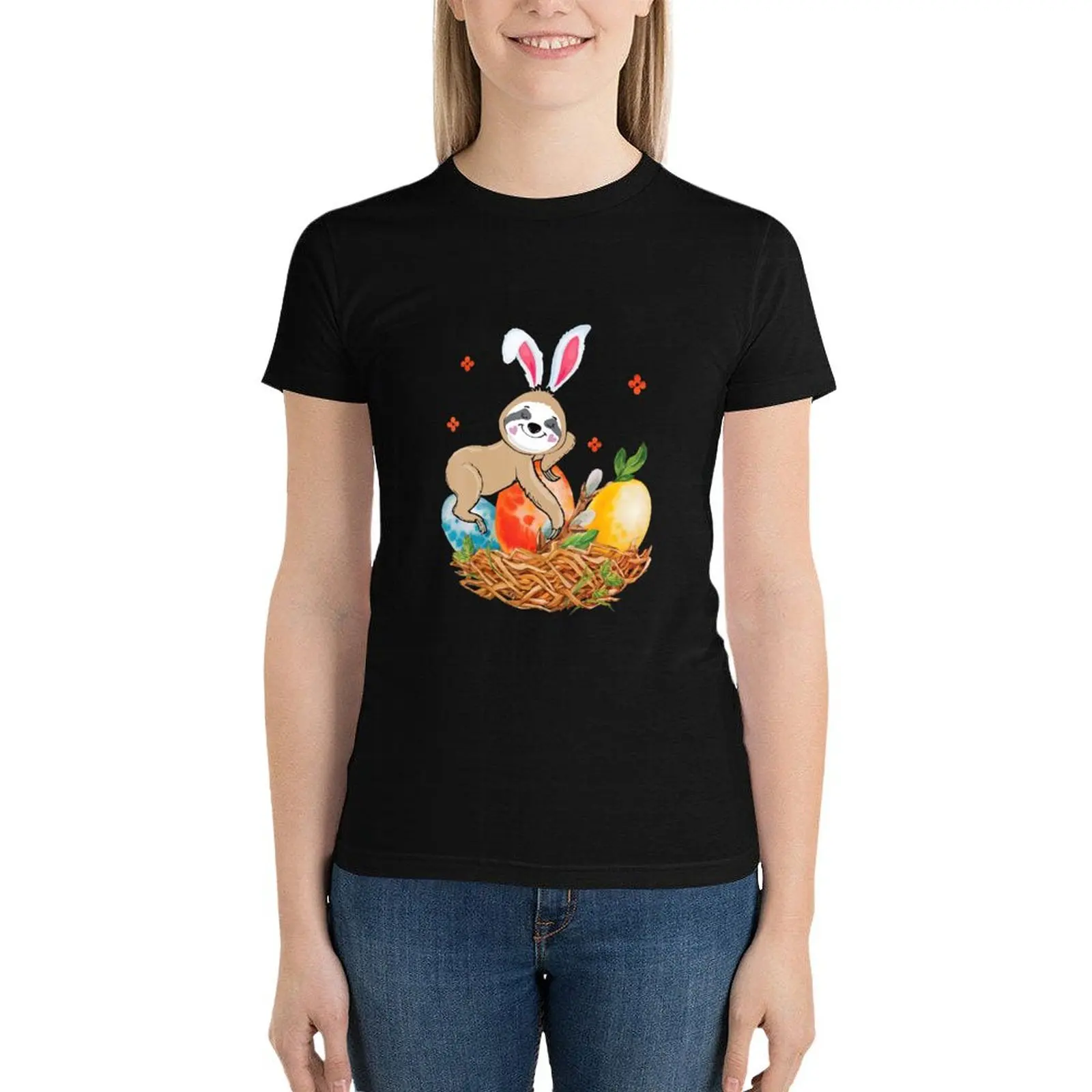 Sloth Bunny Easter Egg Funny T-Shirt summer tops graphics Short sleeve tee Women clothes