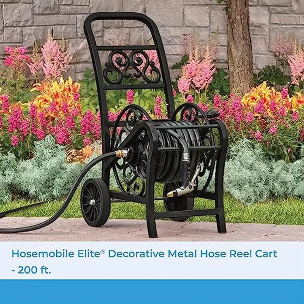 200ft Metal Decorative Garden Hose Reel Cart Stylish Scroll Design Flat-Free Wheels Leak-Free Connections Durable Alloy Steel