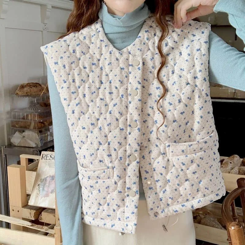 

Quilted Waistcoats for Women Floral Printed Vests Korean Style Casual Sleeveless Cardigans Vintage Jackets Loose Women Tops