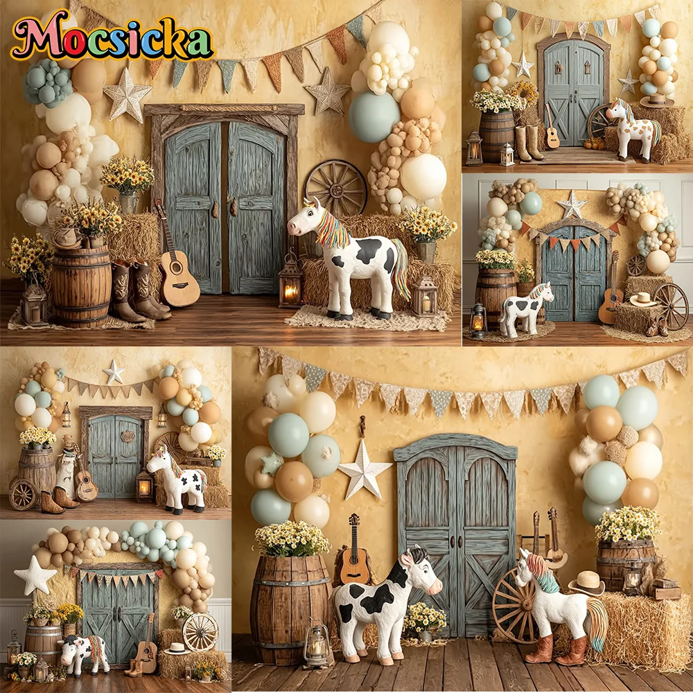 Mocsicka Photography Backdrop Farm Cow Flower Balloon Decoration Baby Shower Newborn 1st Party Backgrounds For Photographs