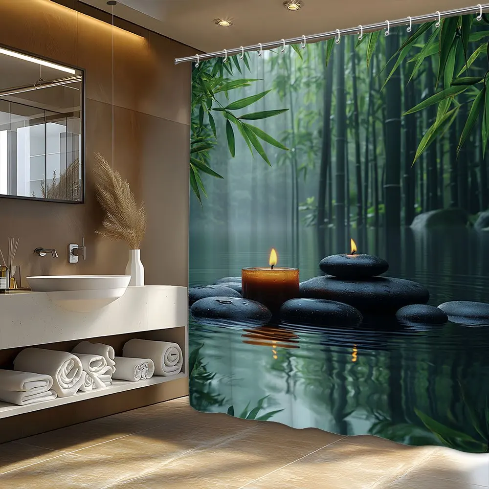 Soothing Bamboo Forest Shower Curtain for a Zen Bathroom, Featuring Tranquil Water, Stones, and Candles. This Serene 5