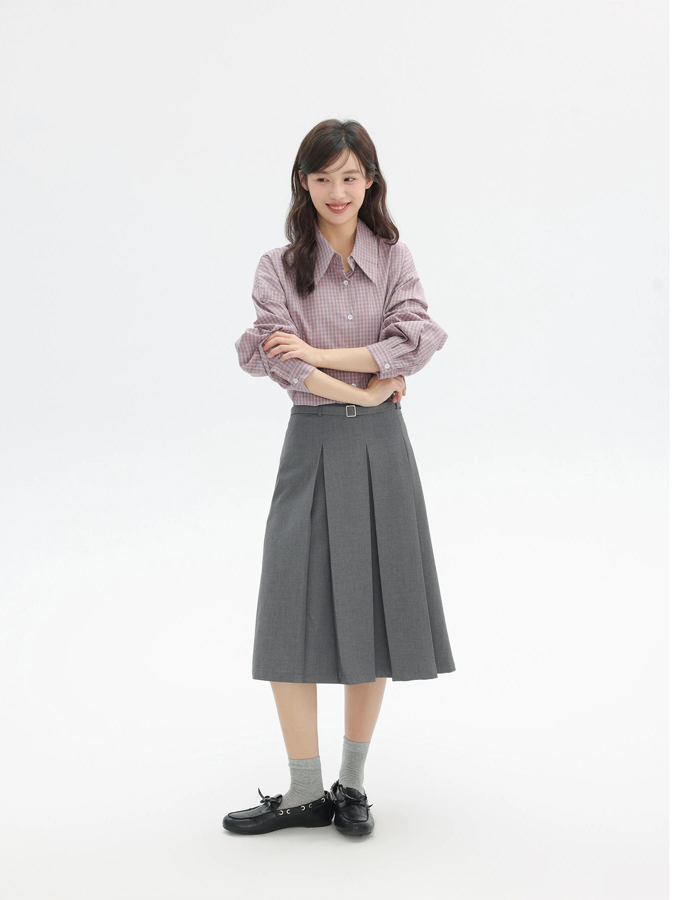 Travel Postcard Style Smooth Pleated Skirt Black Miniature Women's Autumn Grey Half Skirt High Waist A-Line Polyester Fiber