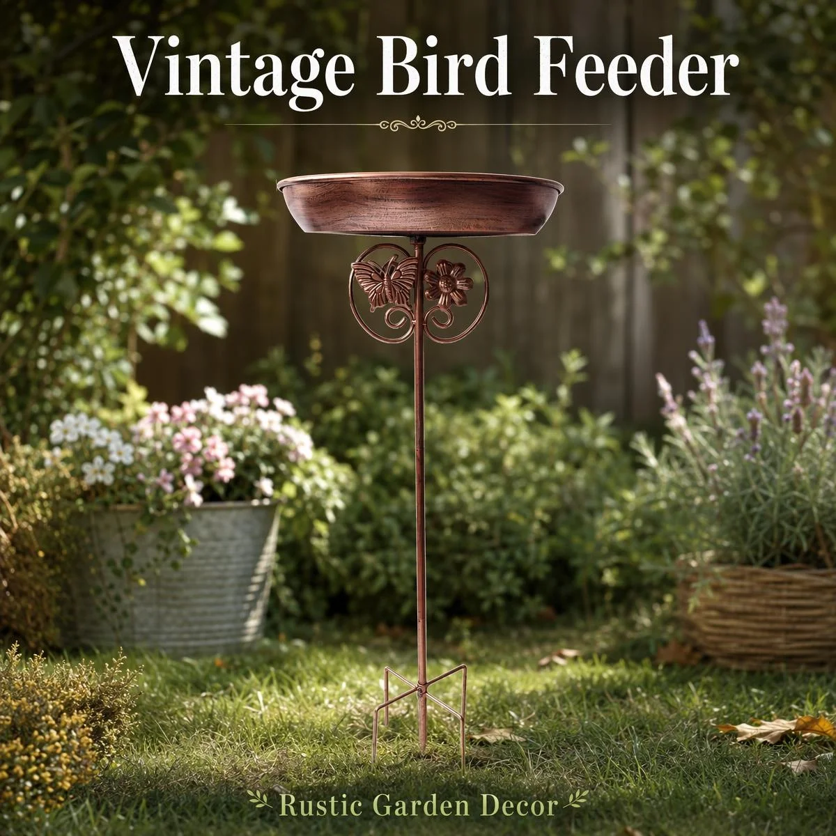 Vintage Bronze Metal Ground Stake Bird Feeder & Bird Bath 2-in-1, Wild Bird Feeder for Outdoor Garden, Lawn & Courtyard