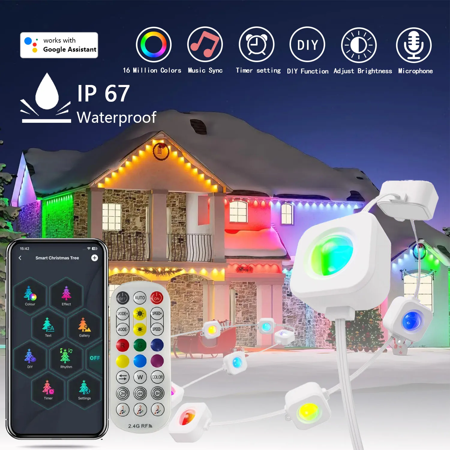 300FT 180LEDs Permanent Outdoor Eave LED Lights Compatible with Google/Alexa RGB String Lights Suitable Christmas Holiday Party