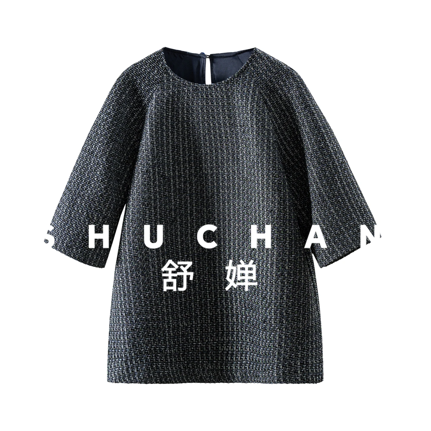 

Retro Navy Blue Design Tweed Round Neck Seven-quarter Sleeve Medium and Long Shirt Women's 35F