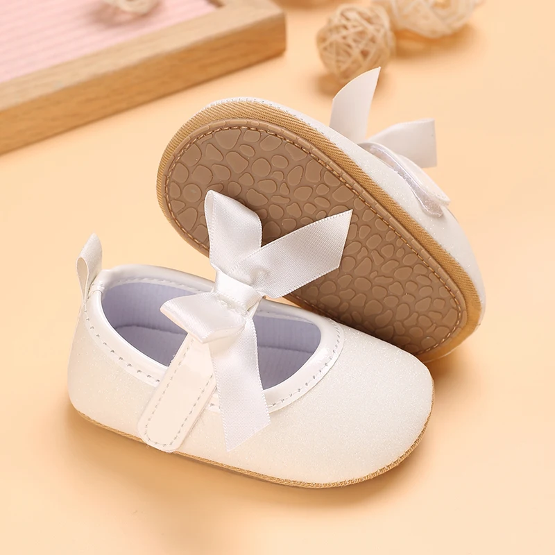 Baby Birthday Party Shoes Infant Toddler Bowknot Non-Slip Rubber Soft-Sole Flat PU First Walker Newborn Bow Decor Mary Janes