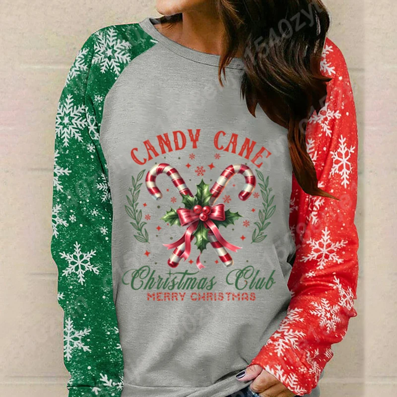 New Autumn Women Long-Sleeved Tops Candy Cane Christmas Club Merry Christmas Print Round Neck T-Shirts Women Sweatshirt Pullover