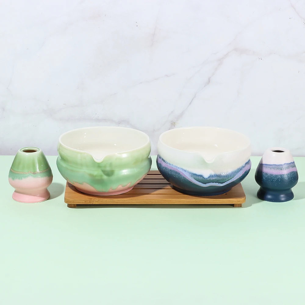 وعاء ماتشا سيراميك جديد مع صب صنبور متعدد الألوان مجموعة صنع ماتشا قابلة لإعادة الاستخدام حامل خفق ماتشا لمحبي الشاي