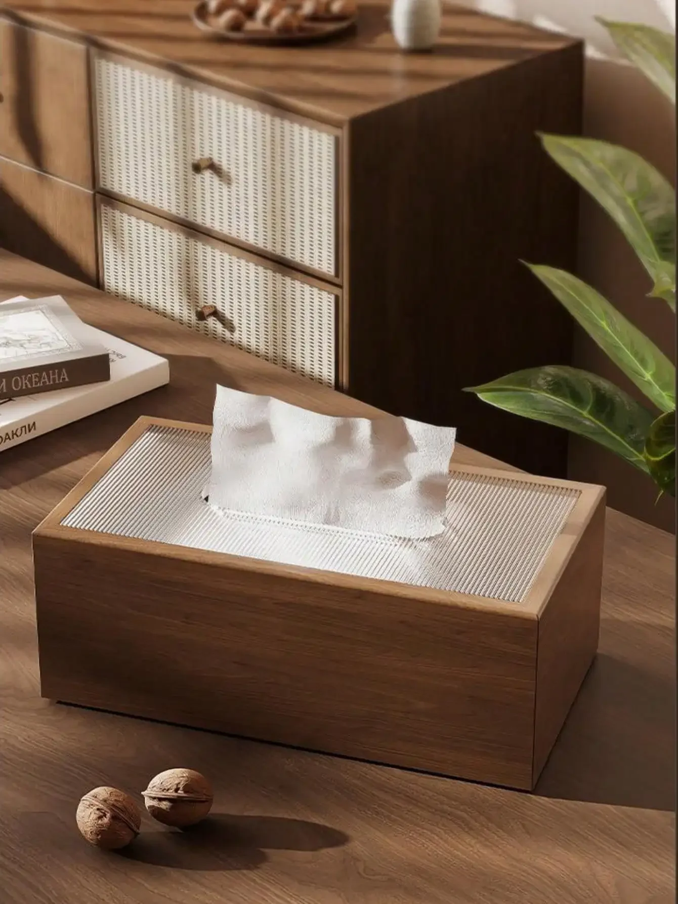 1pc Vintage Wooden Tissue Box With Acrylic Striped Cover, Minimalist Design, Chinese Style Wooden Tissue Holder, Desktop Tissue Storage Box, Bathroom Organizer, Suitable For Restaurant, Bedroom, Living Room, Office, Cafe, Fine Dining