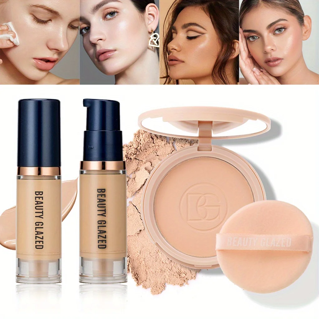 

6 Color Liquid Foundation + Oil Control Pressed Powder Matte Waterproof Foundation Cream High Coverage Face Makeup Set