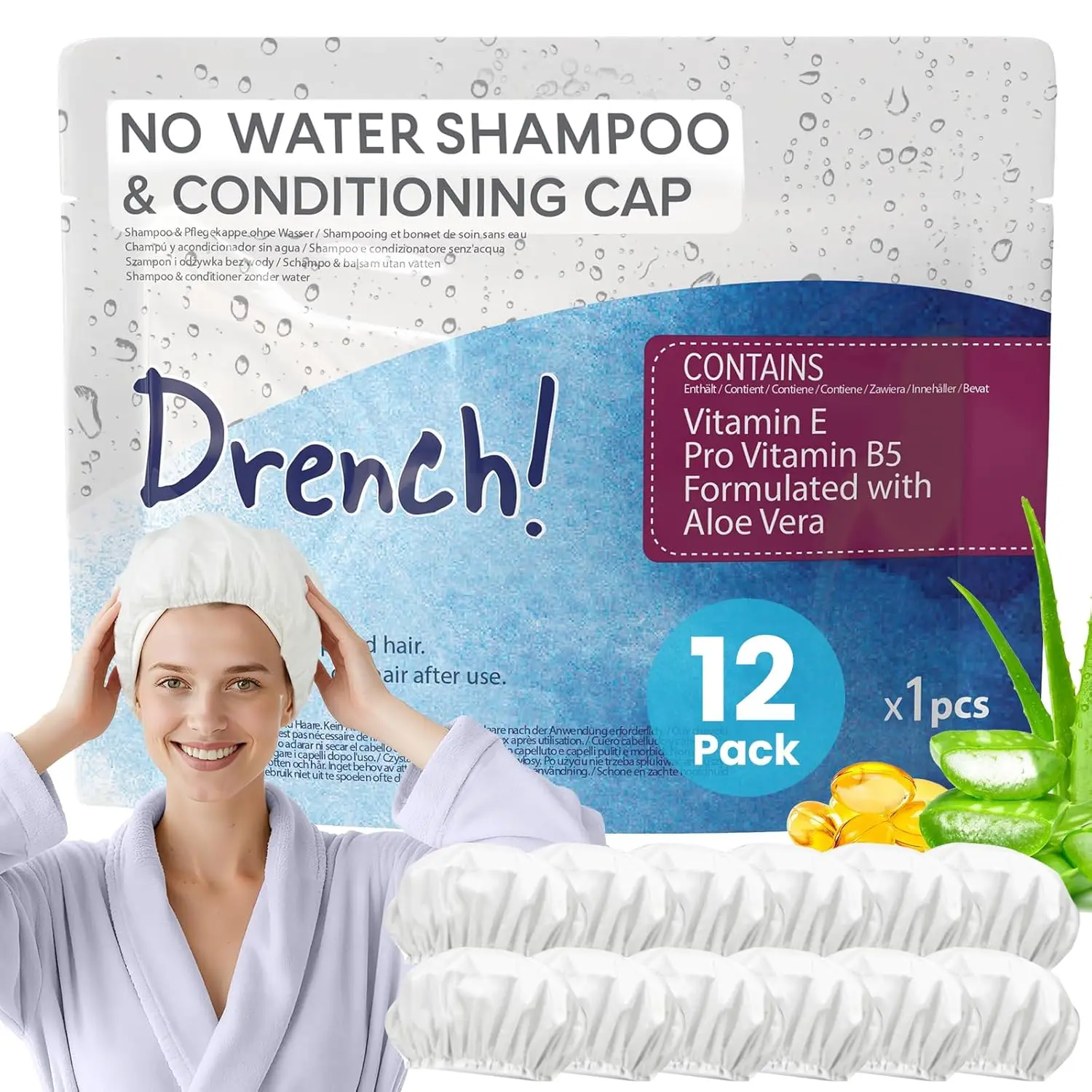 

Waterless Hair Washing Cap with Shampoo & Conditioner - Disposable Rinse-Free Wash Aid for Elderly and Disabled - Pack of 12
