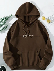 Loose Printed Hooded Sweatshirt For Women Long Sleeve Plus Velvet Kangaroo Pocket Top Casual Sports Pullover