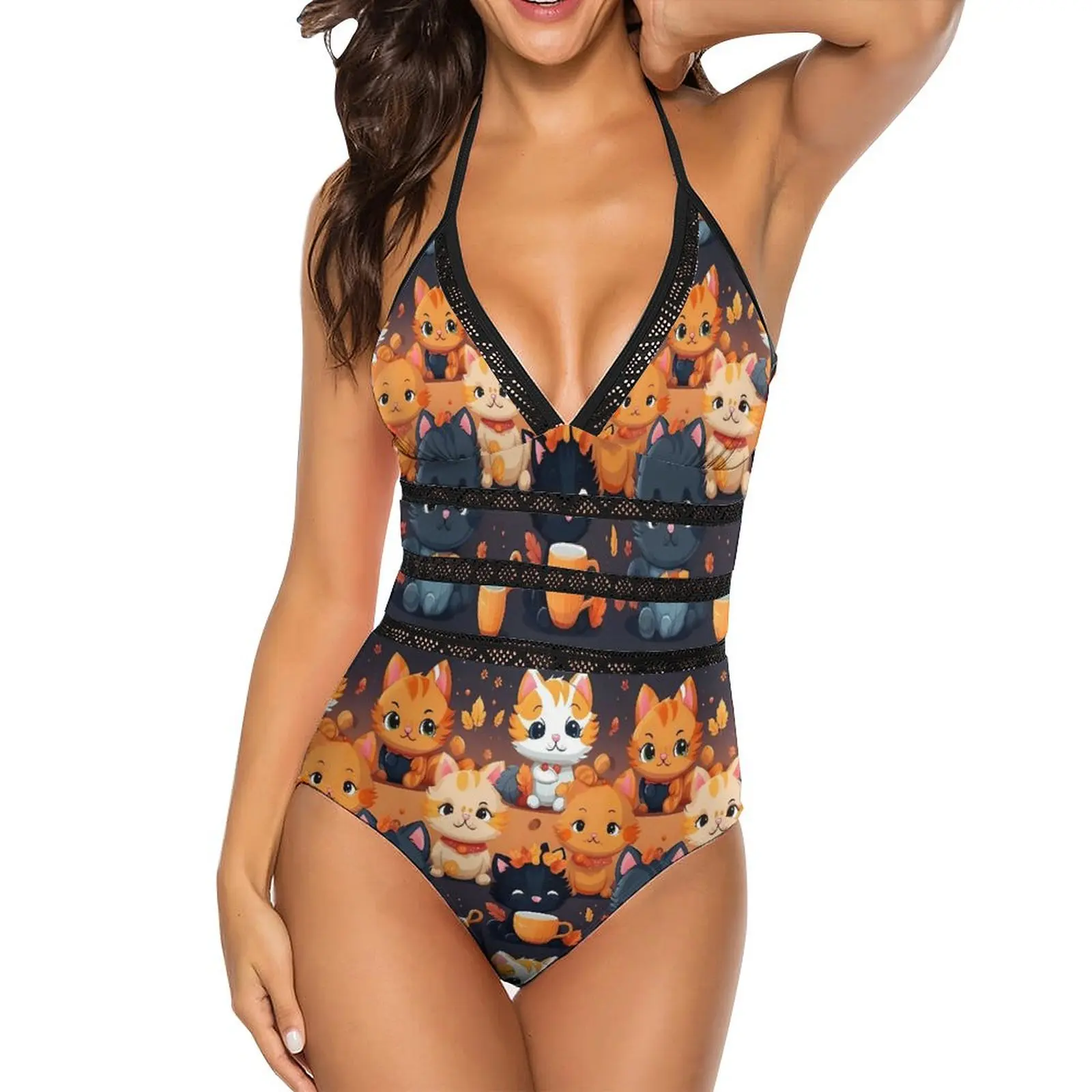 

Magic Cats Mugs Swimsuit Cartoon Animal One Piece Swimwear Push Up Swim Bathing Suit Sexy Cut Out Printed Bodysuit Beach Outfits