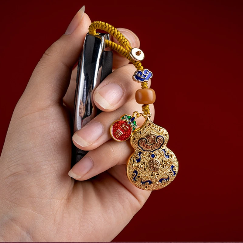 Enamel Color Copper Gourd Key Chain Lovers High-end Pendant Sand Gold Hotan Jade Double-sided Hollow Carving Festival Gifts