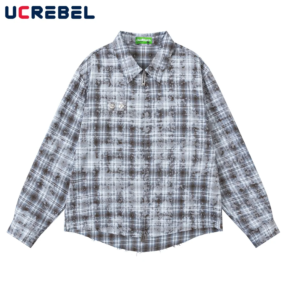 

Plaid Long Sleeve Shirts Mens Raw Edge Autumn High Street Loose Lapel Curved Hem Shirts Men