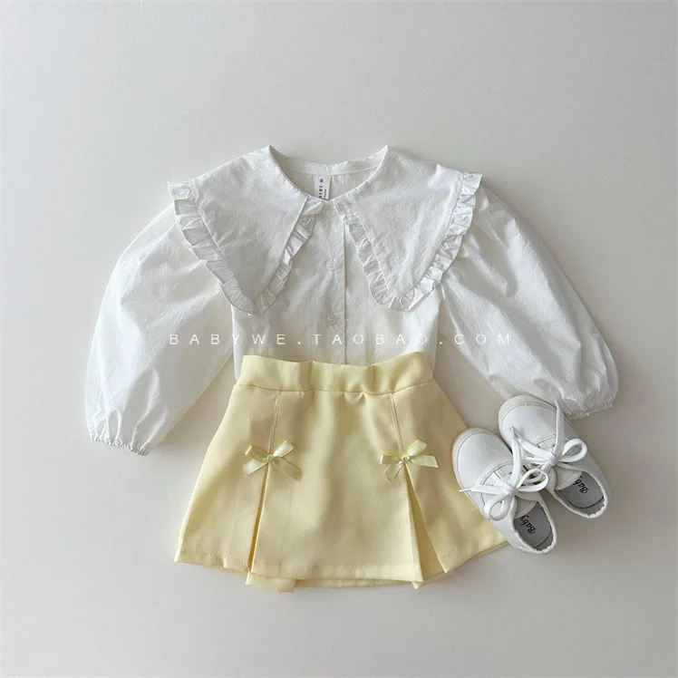 2024 Autumn New Baby Girl Cute Bow Pleated Skirt Solid Sweet Princess Skirts Cotton Infant Girls Short Skirts Kids Mini Skirts